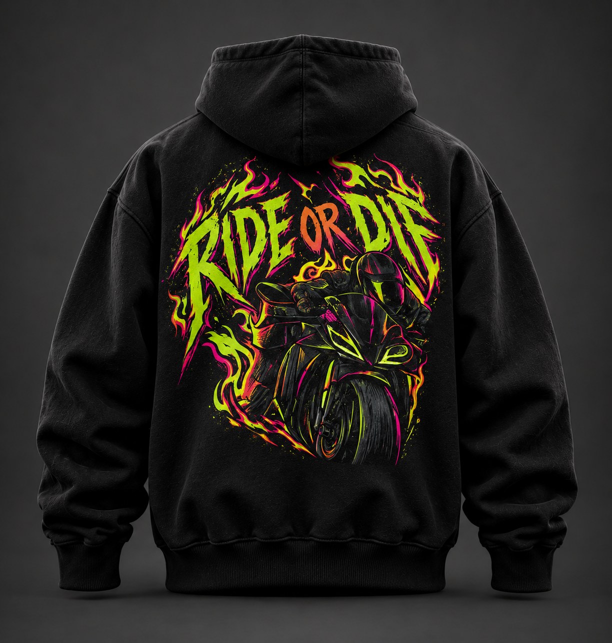 Back of the black hoodie with the neon RIDE OR DIE graphic