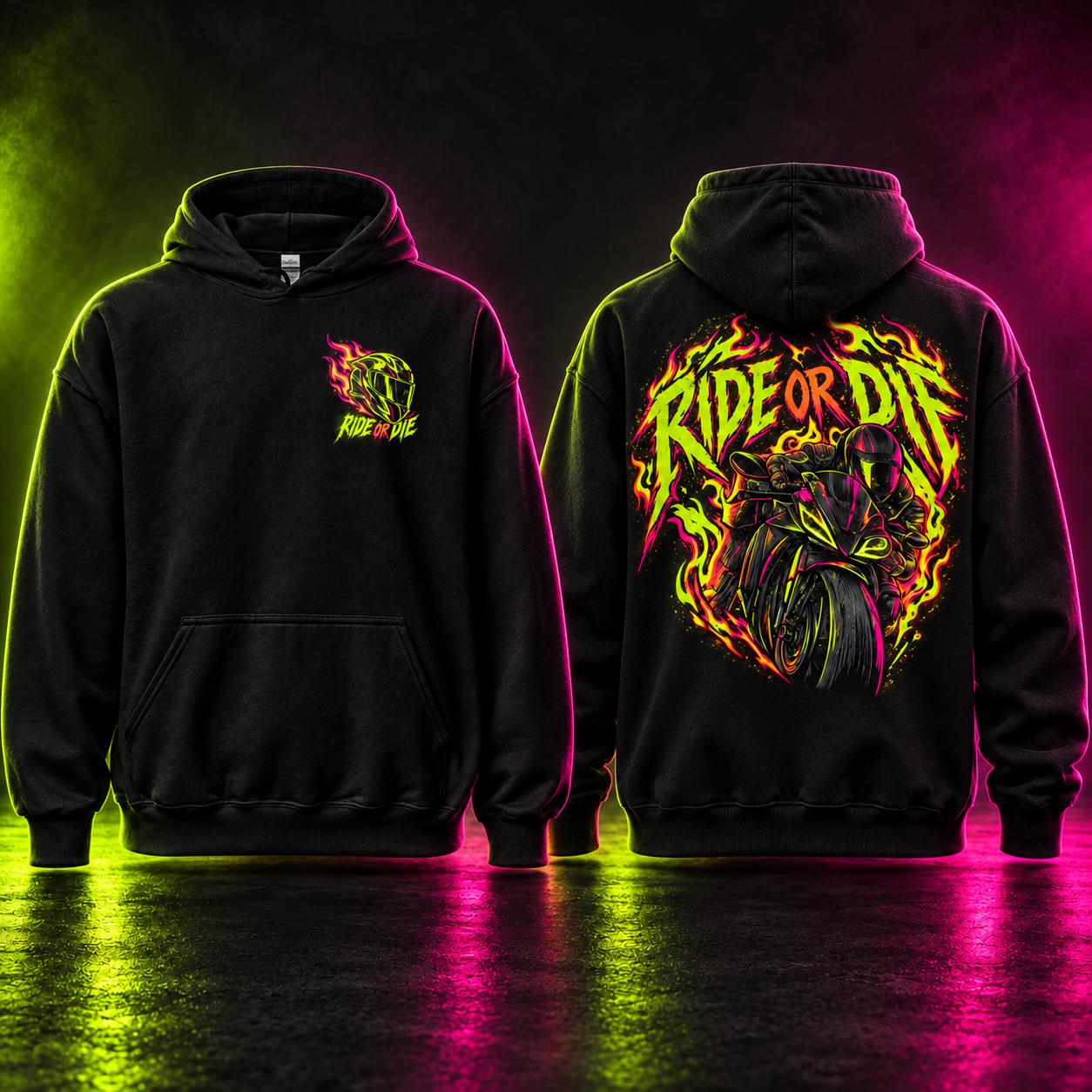 RIDE OR DIE hoodie in neon campaign lighting