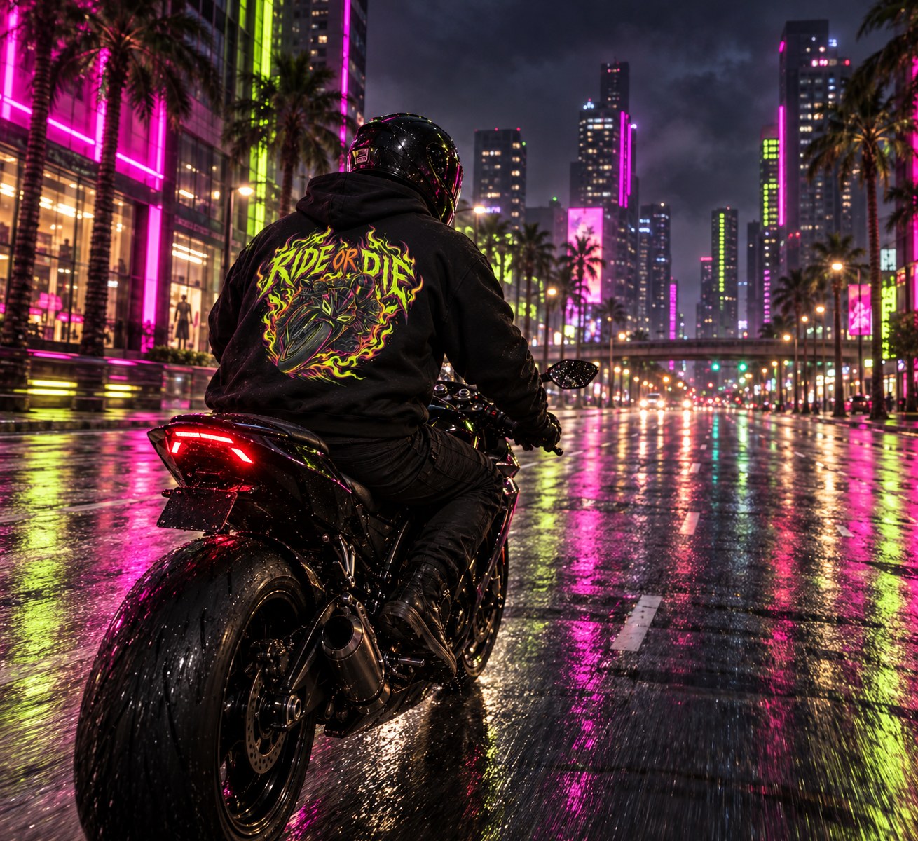 Rider wearing the RIDE OR DIE hoodie in a neon-lit city at night