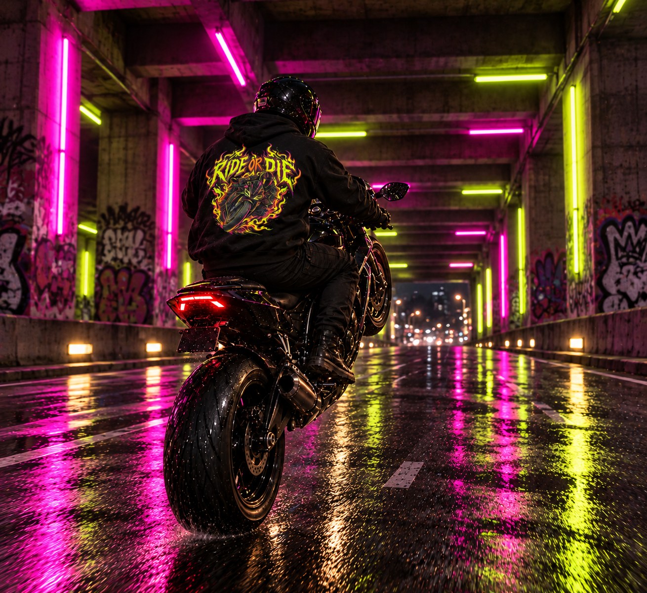 Rider wearing the RIDE OR DIE hoodie in a tunnel lit with pink and lime neon